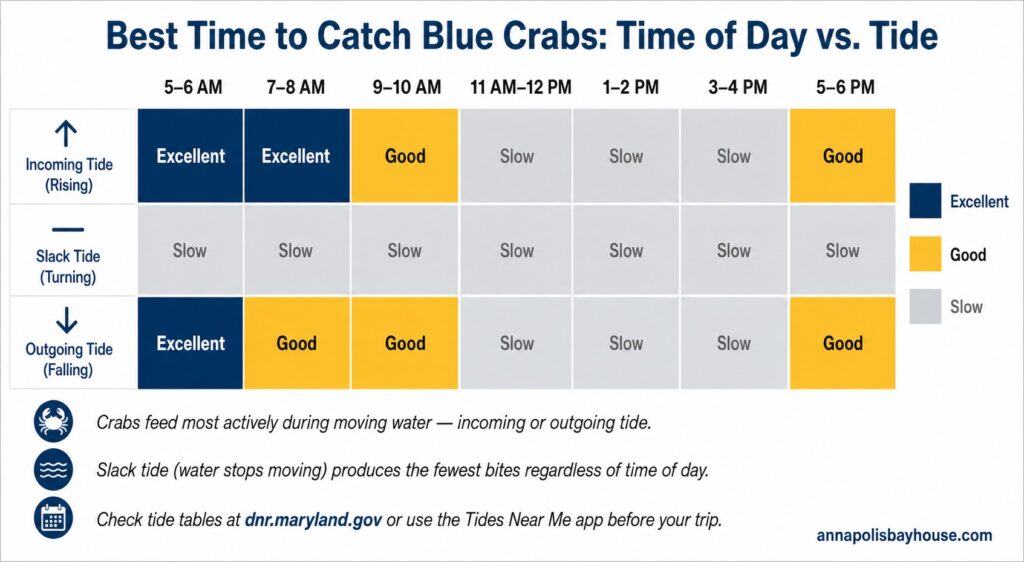 Crabbing activity by time of day and tide stage on the Chesapeake Bay. Best results occur during moving water, regardless of direction.