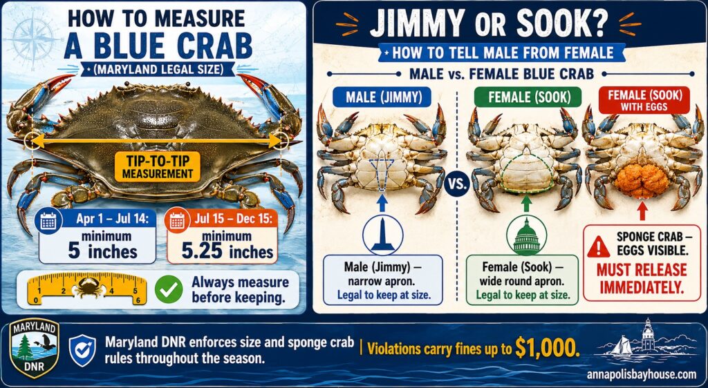 How to measure a Maryland blue crab and identify male (jimmy) vs. female (sook). Maryland DNR size regulations 2026.